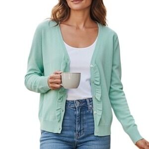Lands' End Mint Ruffle Cardigan M Petite Preppy Classic Cottagecore Soft Girl
